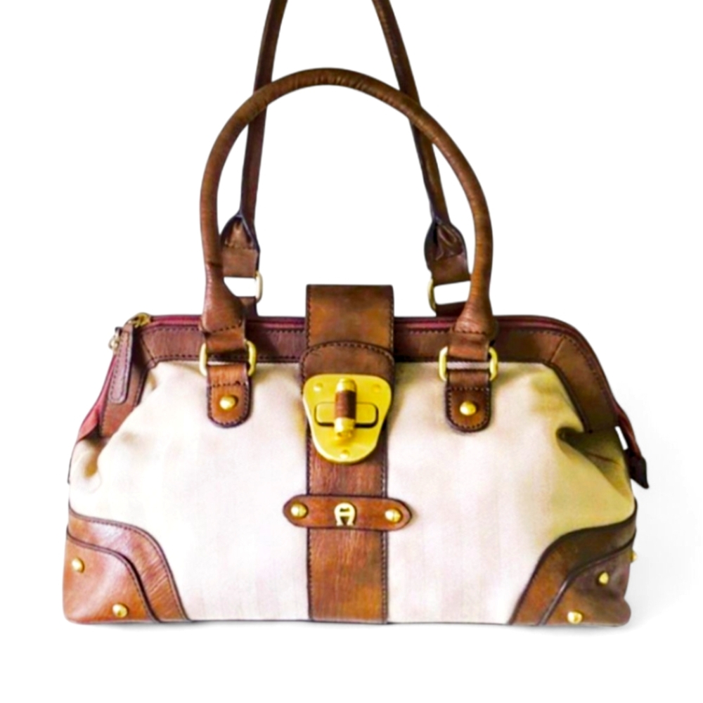 Vintage Ettienne Aigner 1970s Taupe With Brown Leather Trim Top Handle Satchel